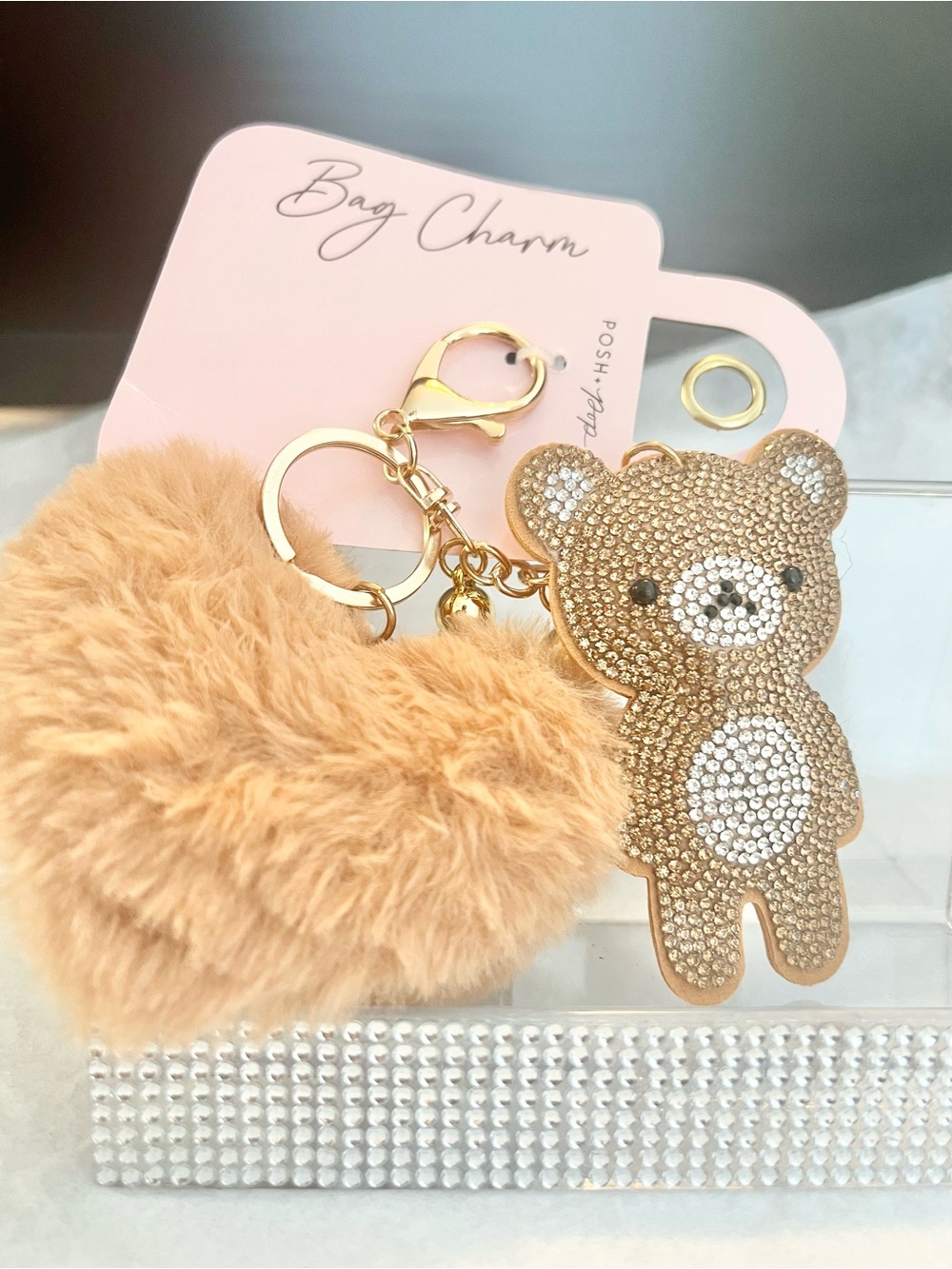 Posh Gold Crystal Teddy & Beige Pom Bag Charm NWT - Picture 6 of 6